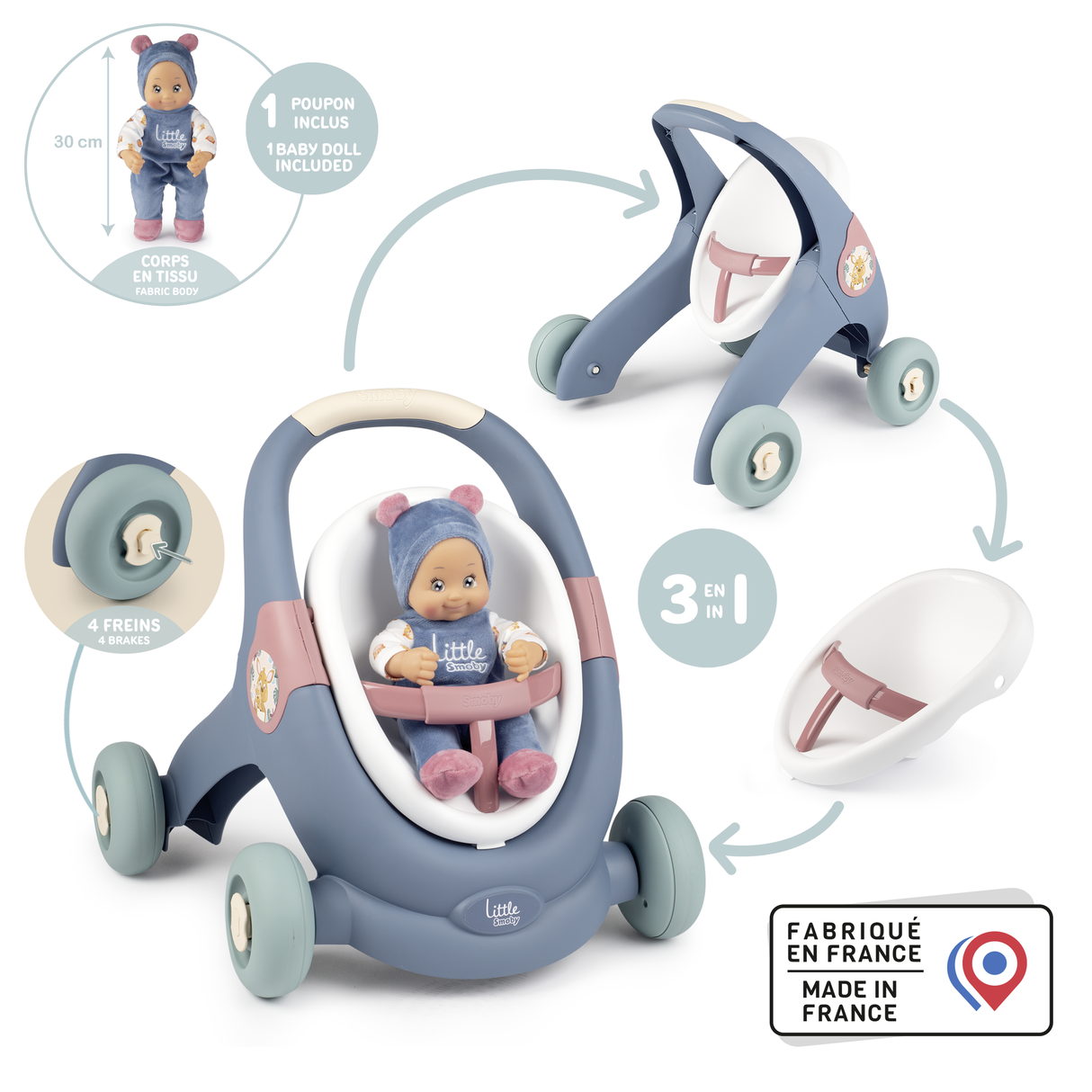 Smoby Baby Walker 3 in 1 + Baby Doll 140308S