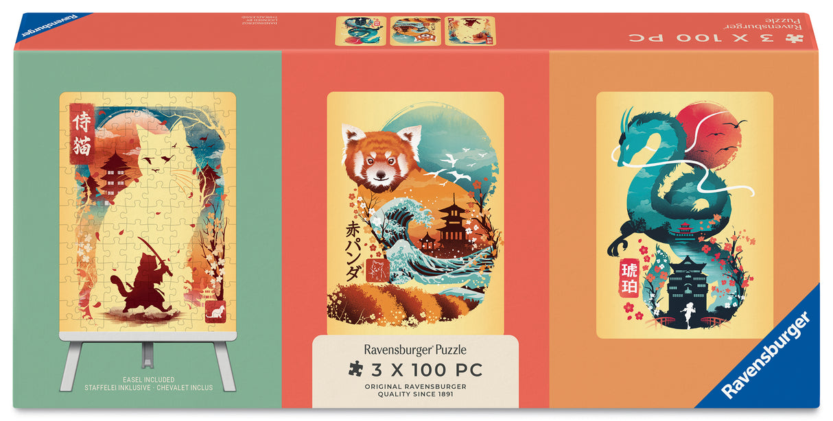 Ravensburger Puzzle 3x100 Pieces: Ukiyo-E Cat Warrior, Red Panda and Dragon & Easel Set 12002048V