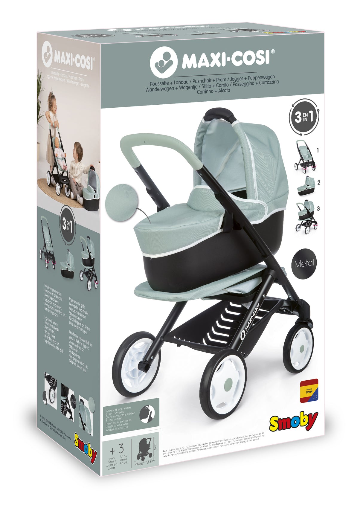 Smoby Doll Pram Maxi Cosi Quinny 3in1 Deep Pram Gondola Stroller 253120S