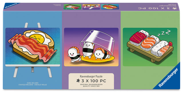 Ravensburger Puzzle 3x100 Pieces: Kawaii Breakfast, Lunch and Dinner & Easel Set 12002047V